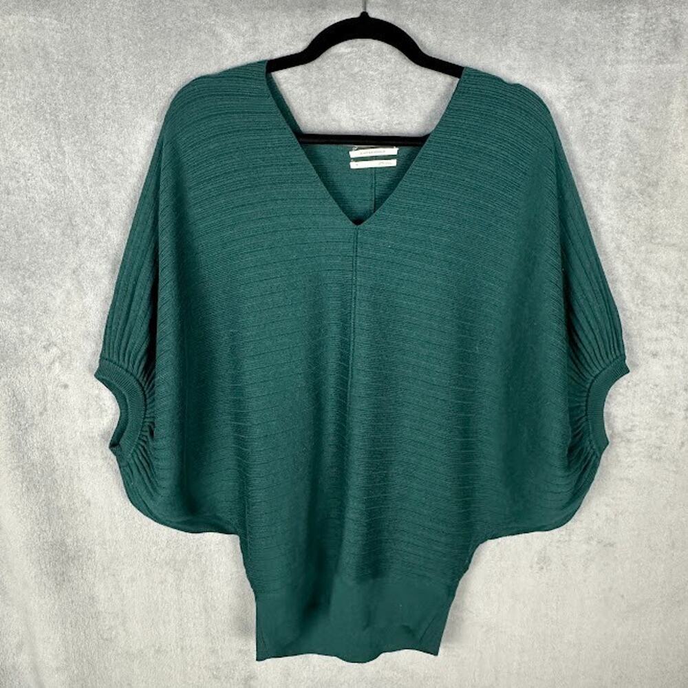 Anthropologie Sweater Womens Small Green V Neck Ribbed Preppy Career Minimalist